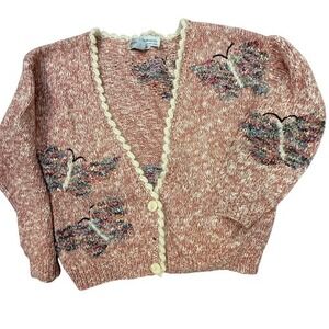 Vintage 90s Butterfly Cardigan Boxy Cropped Pink Novelty Cottagecore Sweater M
